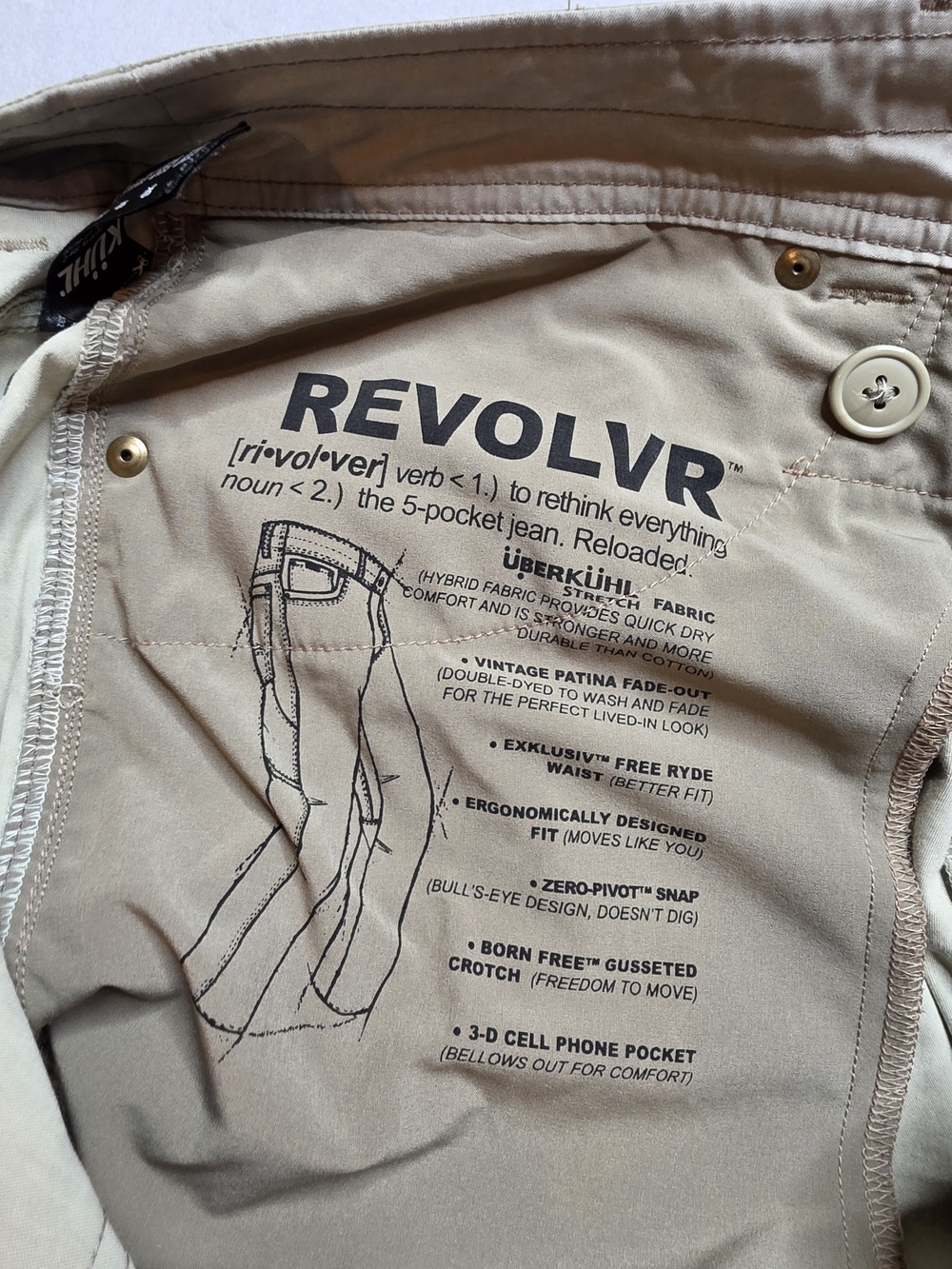 Kuhl Revolvr Pants Mens 35x34 Beige Vintage Patina Dye Side Pocket - Picture 5 of 11